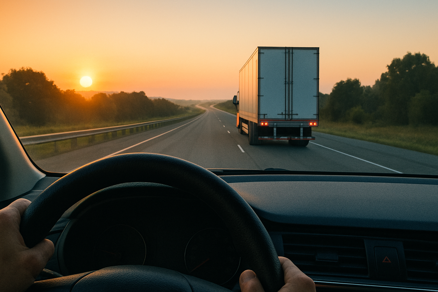 Dashboard view on open highway at sunrise